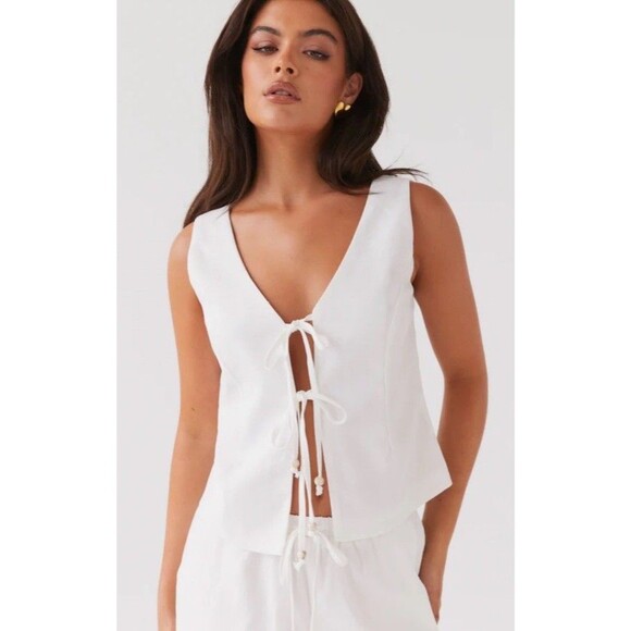 Peppermayo Womens 4 Ivory Linen Blend Tina Vest Top Tie Front - Picture 1 of 6